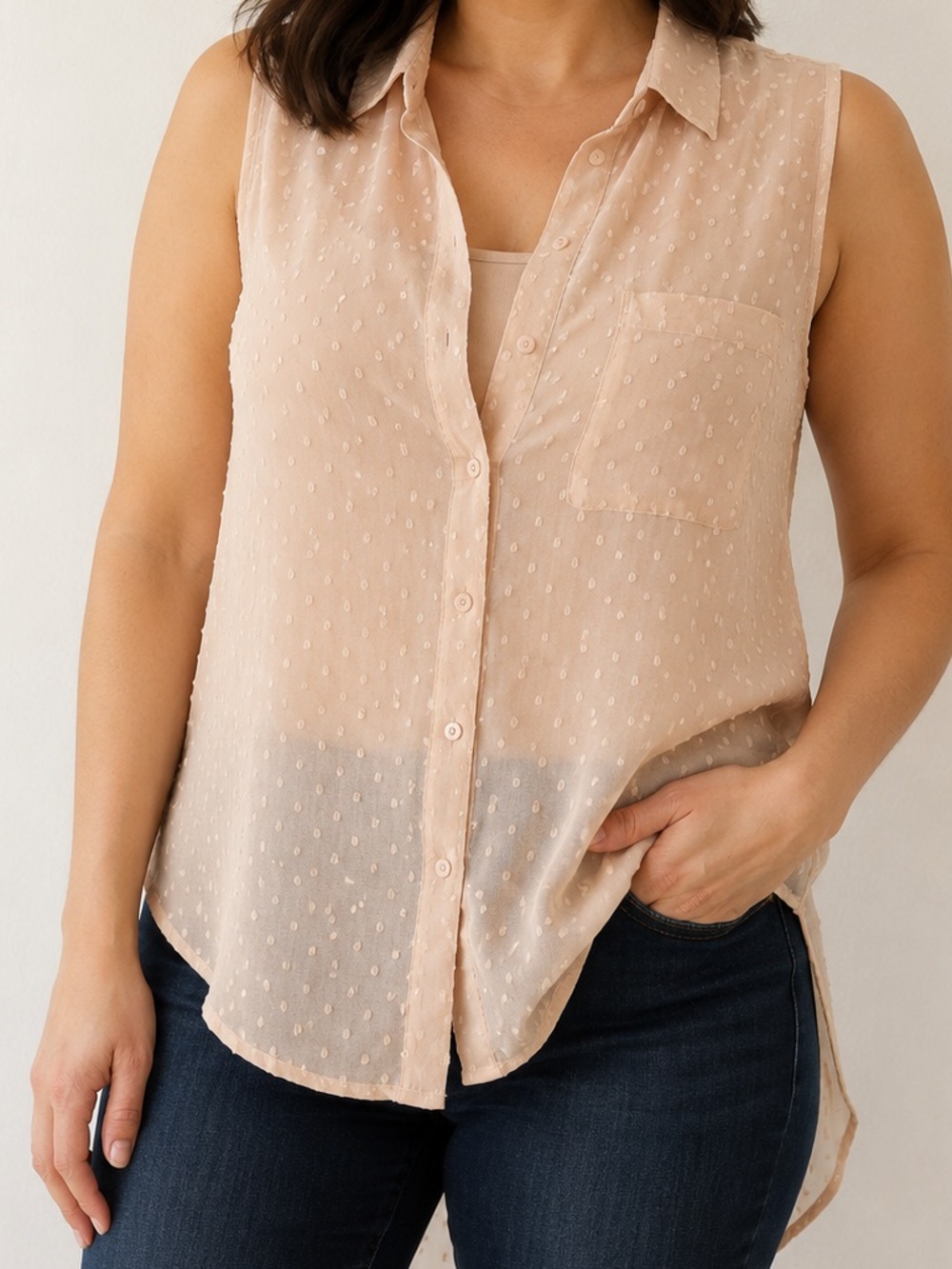 H&M Blush Sheer Swiss Dot Sleeveless Button Blouse Size 6